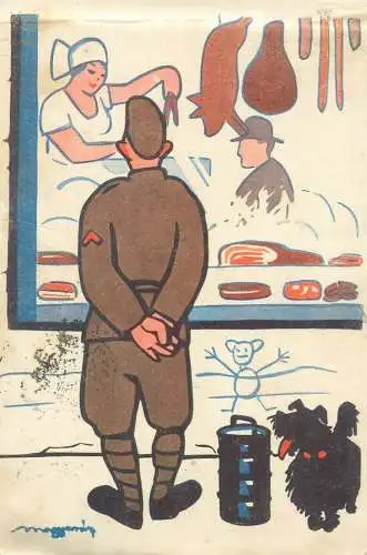 Comic humour Postcard soldier and dog outside butcher shop military caricature signed illustration