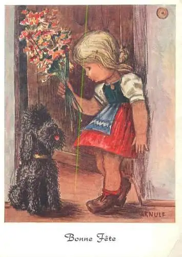 Comic humour Bonne Fete Postcard girl with poodle dog and flower bouquet  Arnulf signed illustration