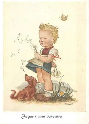 Comic humour Joeyeux Anniversaire Postcard girl blowing dandelion Arnulf signed illustration