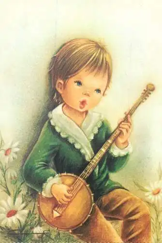 Comic humour Postcard young boy guitar player illustration drawing
