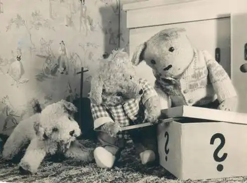 Comic humour Postcard bears and dog stuffed toys