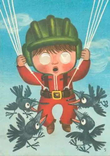 Comic humour Postcard parachute man illustration