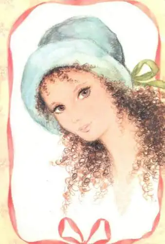 Comics Postcard beautiful woman drawing fancy hat curly hairstyle
