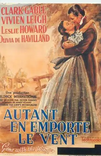 Advertising movie poster Postcard Gone with the wind Clark Gable and Vivien Leigh, Leslie Howard, Olivia de Havilland