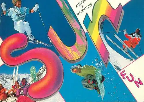 Advertising Postcard Fischer Ski Action & Adventure multi view ski types and scenes