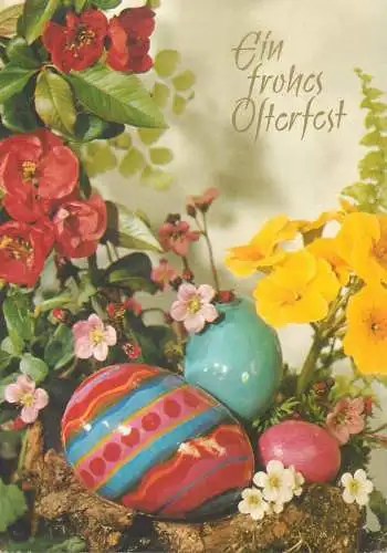 Easter greetings Postcard pencilled eggs and colourful floral arrangement