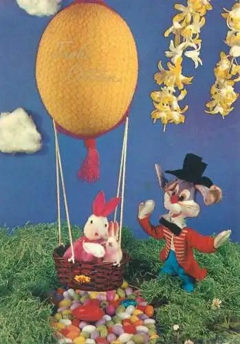 Easter greetings Postcard painted eggs rabbits hot-air balloon