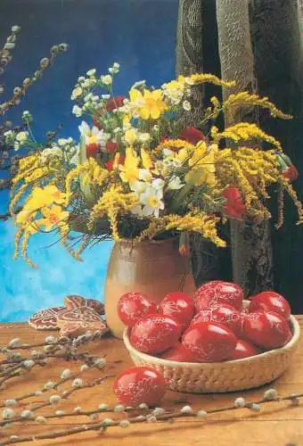 Easter greetings Postcard pencilled eggs basket and vase colourful floral arrangement