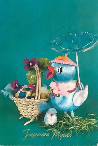 Easter greetings Postcard pencilled eggs basket and duck toys