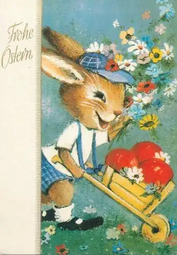 Easter greetings Postcard illustration Frohe Ostern painted eggs rabbit with wheelbarrow