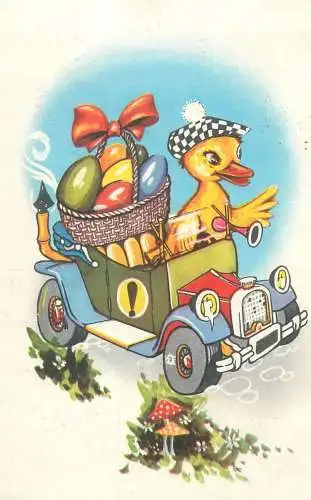 Easter greetings Postcard illustration vintage car duck driver painted eggs basket