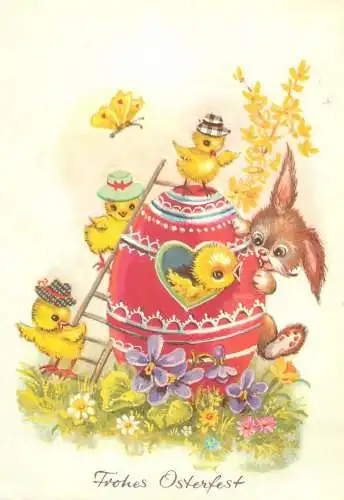 Easter greetings Postcard Frohes Osterfest chicken climbing pencilled egg on ladder