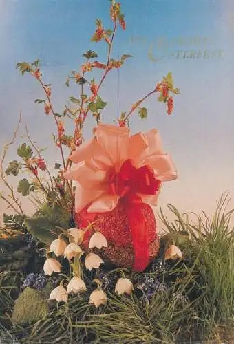 Easter greetings Postcard Ein Frohes Osterfest ribbon wrapped egg and lily of the valley