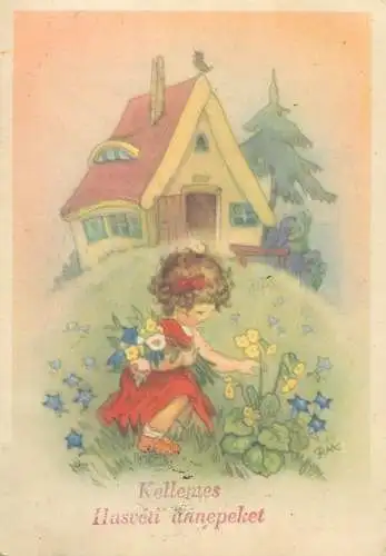 Easter greetings Postcard Flower picking girl Charlotte von Baron drawing