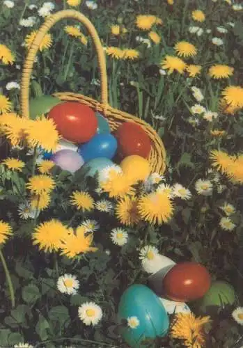 Easter greetings Postcard Ein frohes Osterfest painted eggs basket in flower field detail view