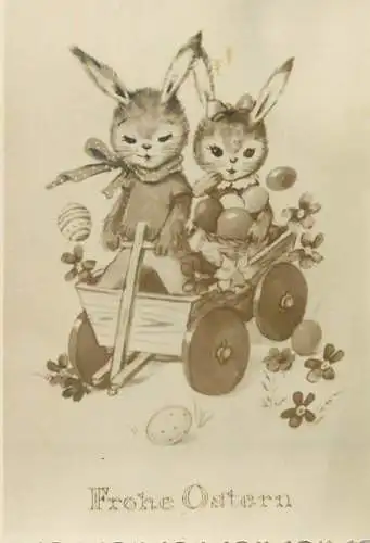 Easter greetings Postcard Frohe Ostern rabbits in wheel cart