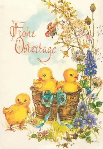 Easter greetings Postcard Frohe Ostertage chicken basket floral design illustration