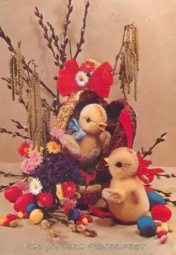 Easter greetings Postcard Ein Frohes Osterfest chicken toys and artificial floral arrangement