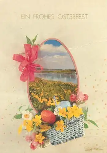 Easter greetings Postcard Ein Frohes Osterfest colourful basket floral arrangement