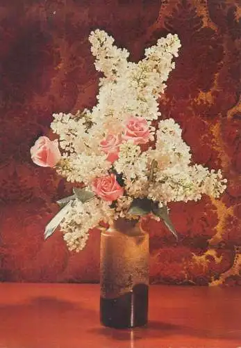 Easter greetings Postcard roses and lilac vase floral arrangement