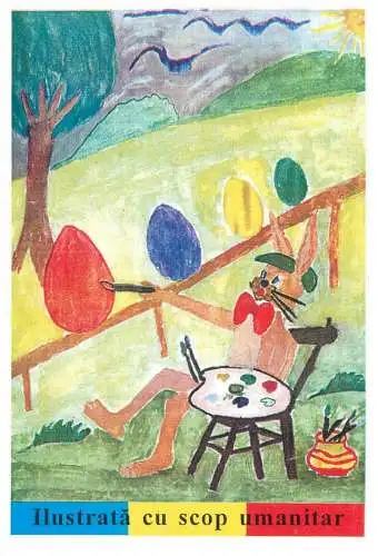 Easter greetings Humanitarian Postcard egg painter rabbit artist illustration drawing