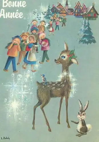 Postcard Winter Holidays greetings Bonne Annee Maffle "Le Soleil dans la nuit" L. Dobon signed illustration