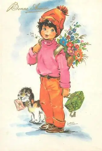 Postcard Winter Holidays greetings Bonne Annee children illustration drawing flower seller boy and his dog