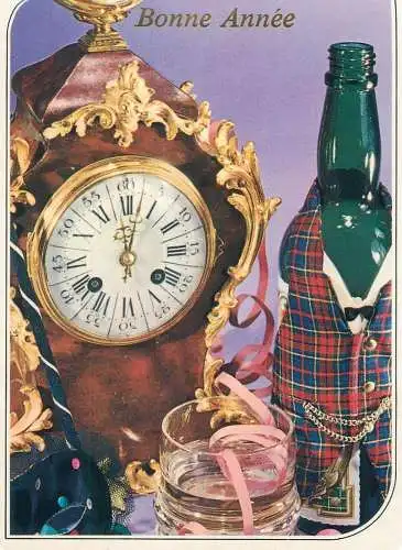 Postcard Winter Holidays greetings Bonne Annee analogue clock, liquor bottle and glass