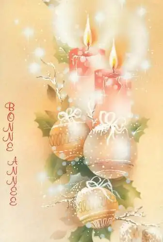 Postcard Winter Holidays greetings Bonne Annee Christmas lit candles globes decorative ornament