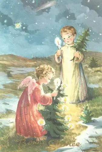 Post card Winter Holidays Bonne Annee greetings Angel types Maffle "Le Soleil dans la nuit" illustration