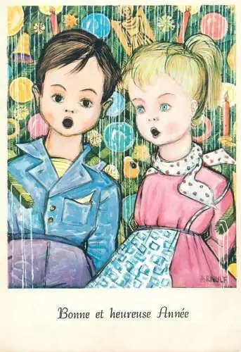 signed Post card Winter Holidays greetings childish joy Arnulf mouth painting