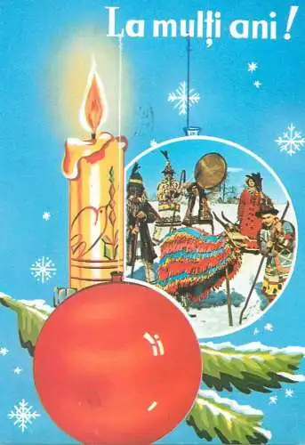 Post card Winter Holidays greetings traditional customs folk costumes globe lit candle