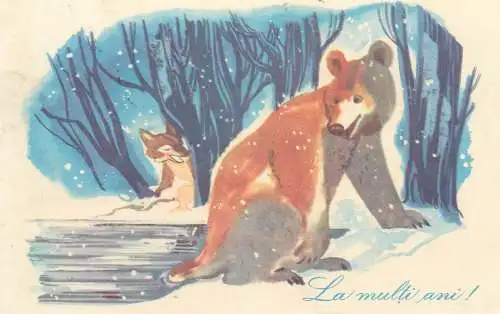 Post card Winter Holidays greetings children story illustration Bear tricked by Fox