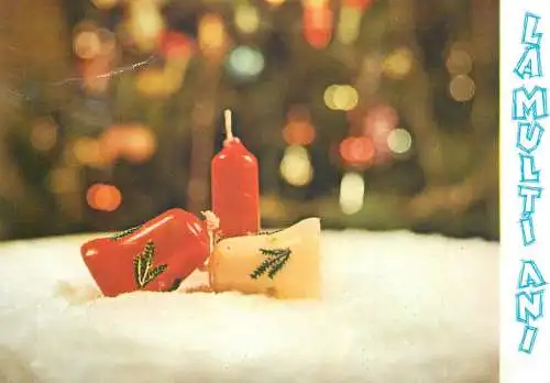 Post card Winter Holidays greetings candles decorated fir tree