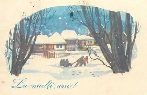 Post card Winter Holidays greetings winter scenery sledding types and scenes