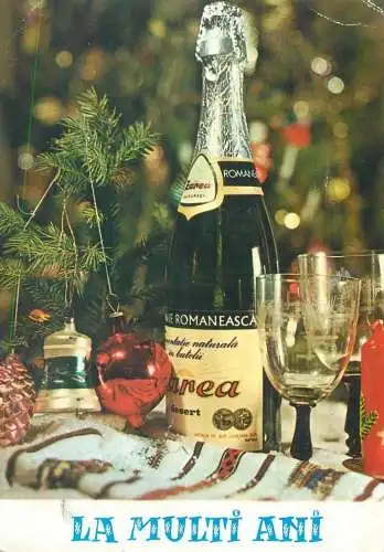Post card Winter Holidays greetings champagne bottle and glasses decorated Christmas tree detail view