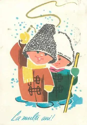 Post card Winter Holidays greetings illustration winter scenery Holiday traditions cheering ethnic types folk costumes