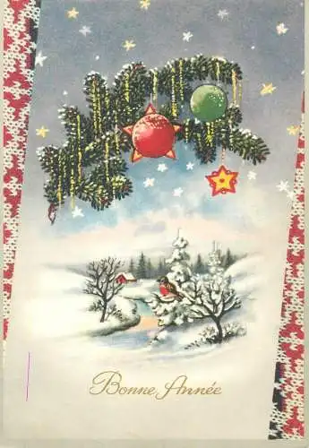 Bonne Annee Postcard Winter Holidays greetings illustration winter scenery Christmas ornament