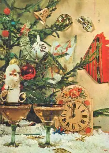 Postcard Winter Holidays greetings decorated Christmas tree partial view clock champagne glasses miniature Santa Claus