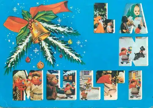 multi view Postcard Winter Holidays greetings miniature toys several Holidays customs folk costumes