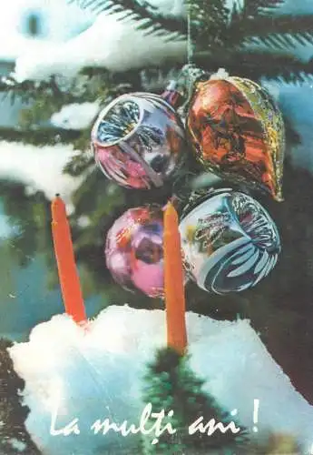 Postcard Winter Holidays greetings Christmas tree partial view candles globes decorative ornaments