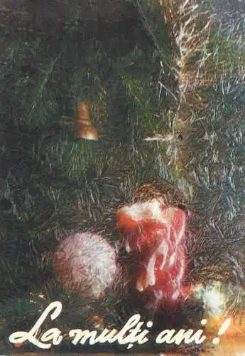 Postcard Winter Holidays greetings Christmas tree partial view lit candle bell globe decorative ornaments