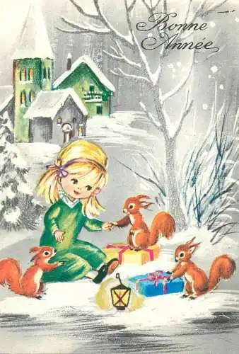 Bonne Annee Postcard Winter Holidays greetings drawing illustration young girl with squirrels
