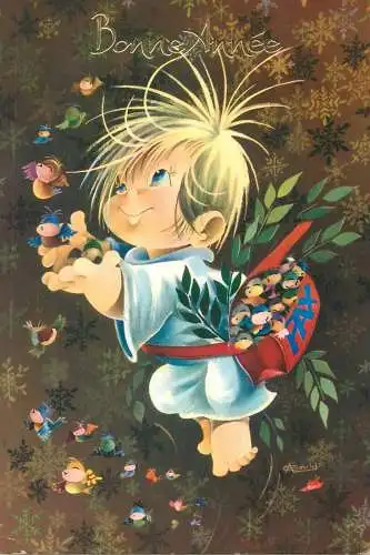 Bonne Annee Postcard Winter Holidays greetings drawing illustration