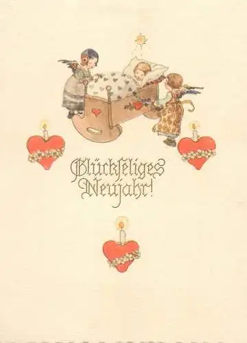 Postcard Winter Holidays greetings drawing illustration child crib surrounded by angels