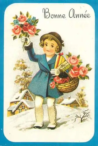 Postcard Winter Holidays Bonne Annee greetings drawing illustration young lady with roses