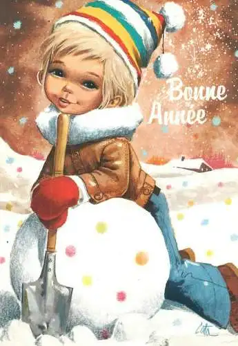 Postcard Winter Holidays Bonne Annee greetings Maffle children drawing illustration girl building a snowman