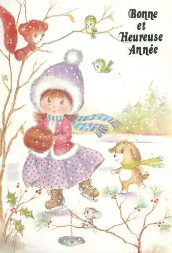 Postcard Winter Holidays greetings children drawing illustration young girl snowy winter day dog birds squirrel