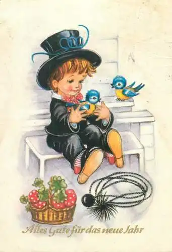 Postcard Winter Holidays greetings children drawing illustration chimney sweep boy with birds mushroom basket