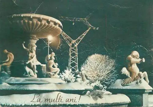 Postcard Winter Holidays greetings statues sculptures